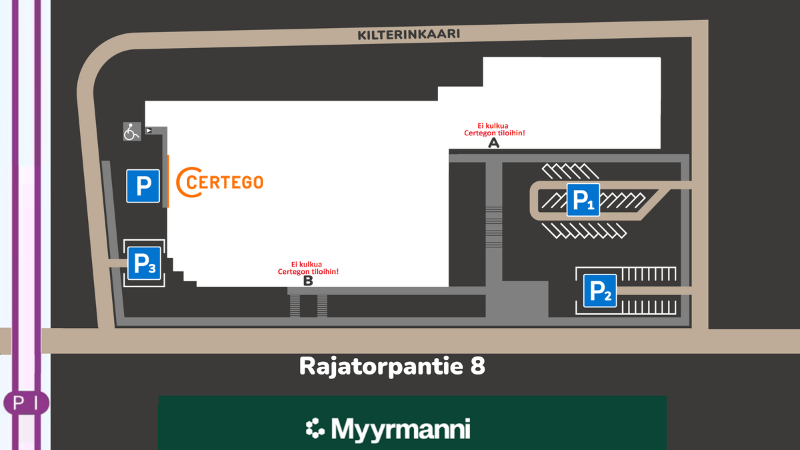 CERTEGOn sisäänkäynti Virtatalon pohjakuvassa, junaradan puolella.