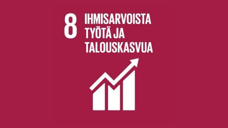 YK:n kestävän kehityksen tavoite 8, ihmisarvoista työtä ja talouskasvua. Havainnekuva.